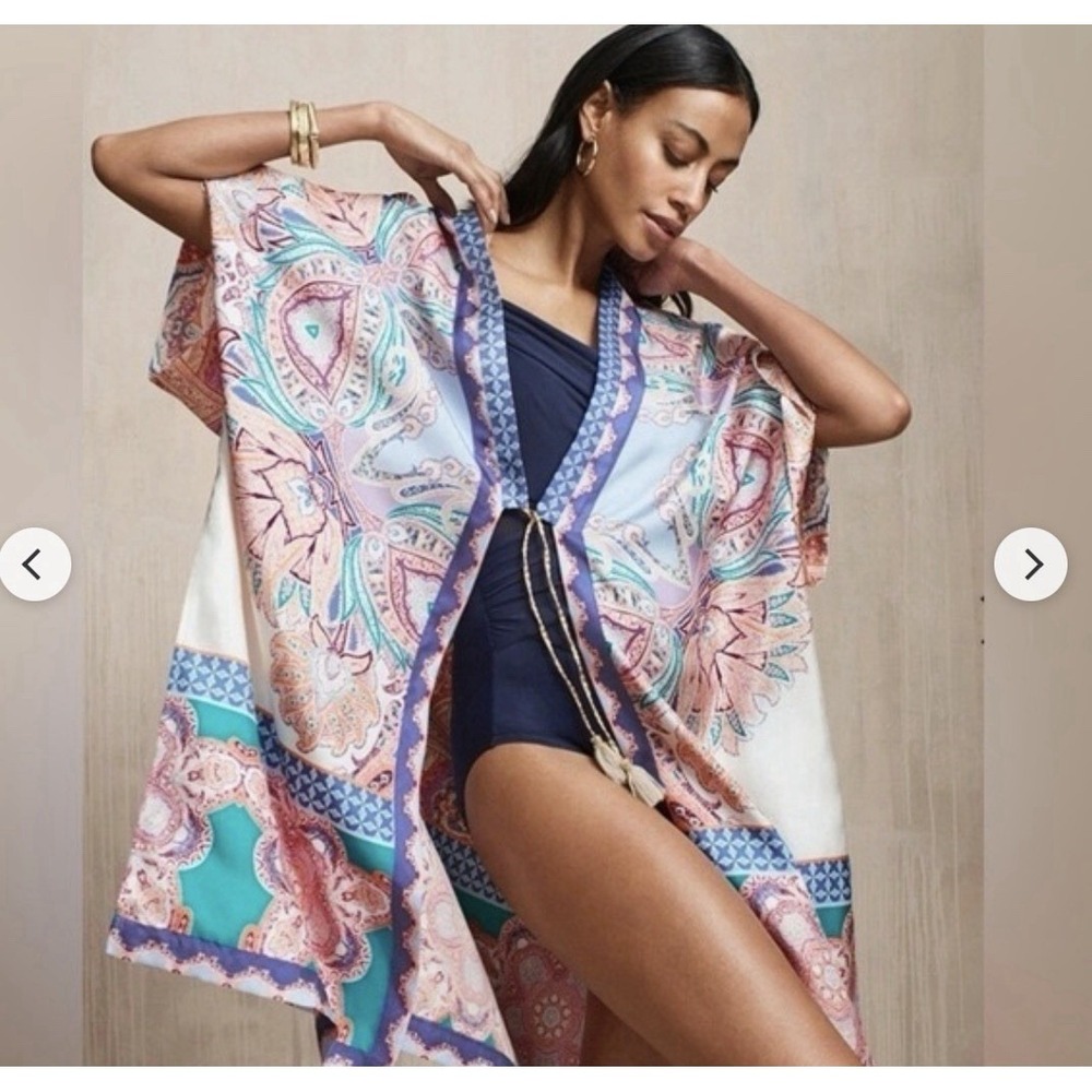 Chico's Medalian Ruana Kimono Swim Cover Wrap L/XL 100% Silk Tropical Beach Boho